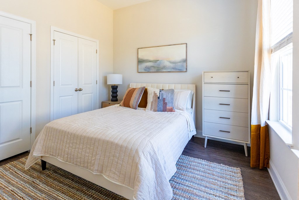 a bedroom with a bed and two closets and a rug