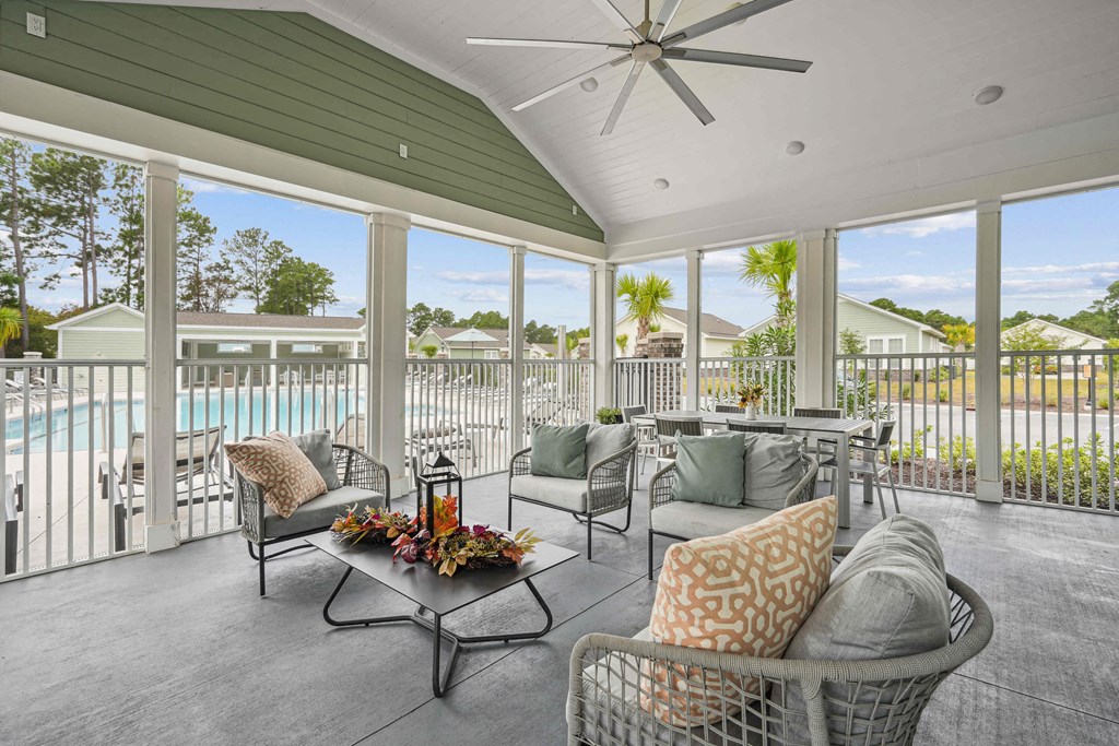 a covered patio with furniture and a pool in the background