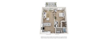 A floor plan of a small apartment with a living room, kitchen, and bathroom.