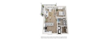 A floor plan of a small apartment with a kitchen, living room, and bedroom.