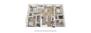 A 3D floor plan of a small apartment with a kitchen, living room, and two bedrooms.