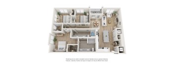 A 3D rendered image of a modern, minimalist apartment layout.