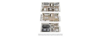Three floor plans of a house with a kitchen, living room, bedrooms and bathrooms.