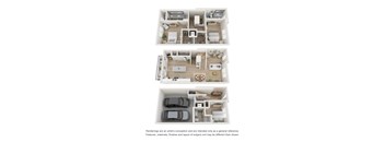 Three floor plans of a house with a kitchen, living room, and bedrooms.