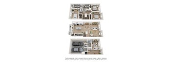 Three floor plans of a house with a kitchen, living room, and bedrooms.