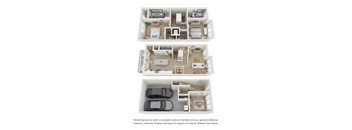 A set of three floor plans for a house with a garage.