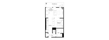 A floor plan of a small apartment with a living room, dining room, kitchen, bathroom, and bedroom.