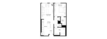 A black and white image of a floor plan for a small apartment.
