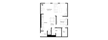 A black and white floor plan of a house with a living room, kitchen, dining room, bedroom, bathroom, and entry.