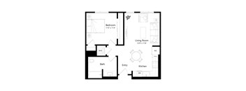 A floor plan of a small apartment with a bedroom, living room, kitchen, bath, and entry.