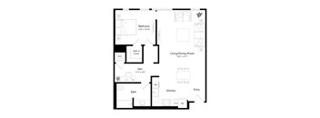 A floor plan of a house with a bedroom, living/dining room, kitchen, bath, and den.