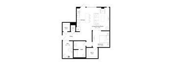 A black and white floor plan of a house with a kitchen, living room, dining room, entry, bath, and two bedrooms.
