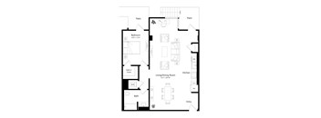 A black and white floor plan of a house with a living room, dining room, kitchen, bedroom, bathroom, and entry.