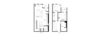 A floor plan of a two level home with a living room, dining room, kitchen, two bedrooms, a powder room, a balcony, and a porch.