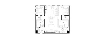 A black and white image of a floor plan for a two bedroom apartment.