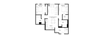 A black and white image of a floor plan for a home with two bedrooms, a living/dining room, kitchen, two bathrooms, a pantry, and an entry.