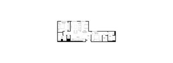 A floor plan of a house with two bedrooms, a living room, a dining room, a kitchen, a bathroom, and a walk-in closet.