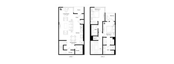 A floor plan of a two level home with two bedrooms, a living room, dining room, kitchen, powder room, and storage.