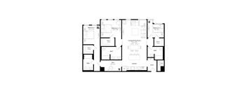 A black and white image of a house floor plan with three bedrooms, a living/dining room, kitchen, bathrooms, and a den.