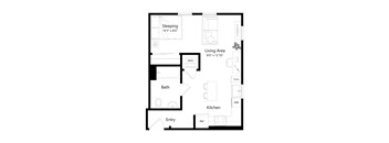 A black and white image of a floor plan for a small apartment.