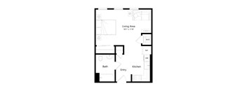 A floor plan of a small apartment with a living area, kitchen, bathroom and entry.