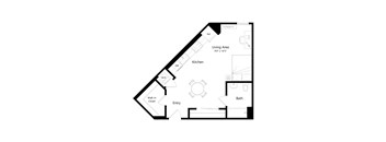 A floor plan of a house with a living area, kitchen, bath, and entry.