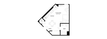 A floor plan of a small apartment with a living area, kitchen, entry, and bath.