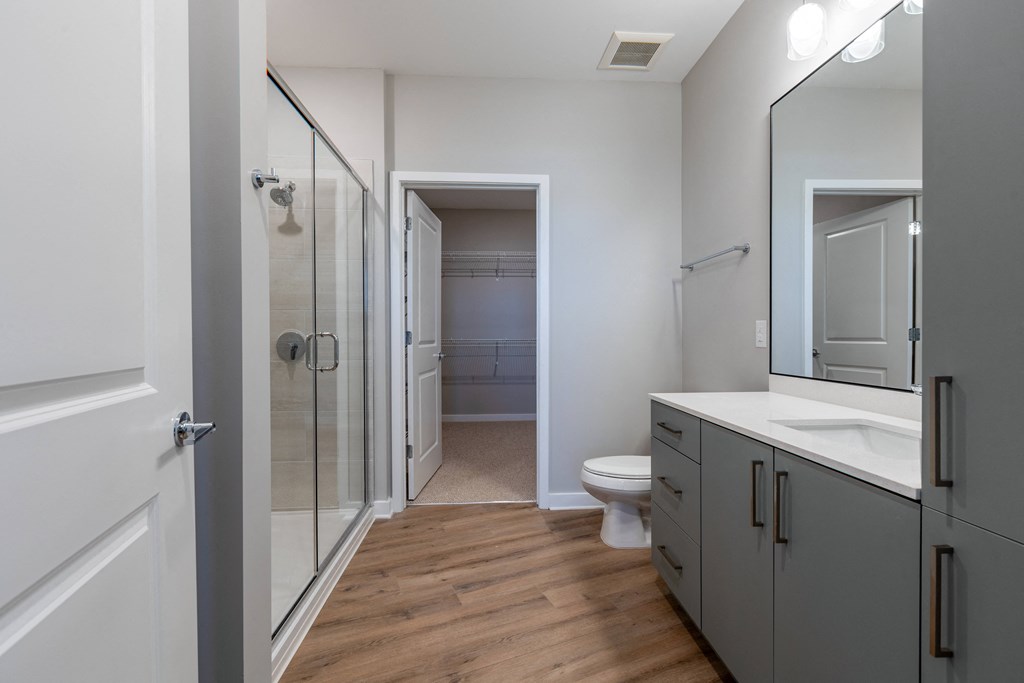 a bathroom with a shower and a sink and a toilet