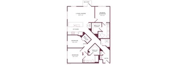 A floor plan of a home with a living room, two bedrooms, a kitchen, and a balcony.