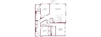 A floor plan of a home with a living room, two bedrooms, a kitchen, and a balcony.