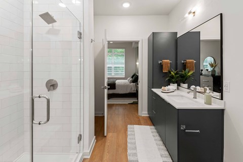 A bathroom with a walk-in shower and a double sink vanity.
