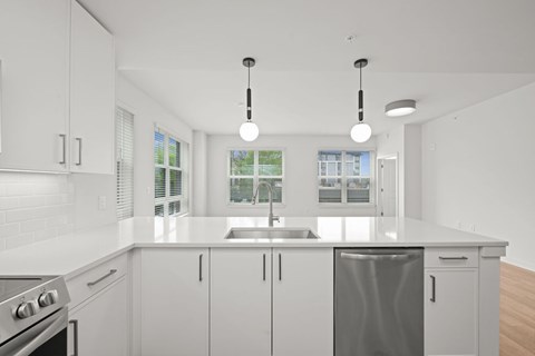 A modern kitchen with white cabinets and a stainless steel dishwasher.