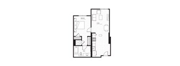 A black and white floor plan of a house with a living room, bedroom, bathroom, and kitchen.
