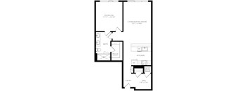 floor plan with 1 bedroom, 1 bathroom, kitchen, and living/dining room
