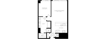 floor plan with 1 bedroom, 1 bathroom, kitchen, and living/dining room