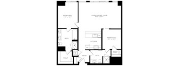 floor plan with 2 bedroom, 2 bathroom, kitchen, and living/dining room