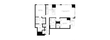 floor plan with 2 bedroom, 2 bathroom, kitchen, and living/dining room