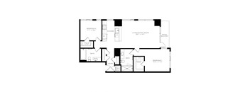 floor plan with 2 bedroom, 2 bathroom, kitchen, and living/dining room.
