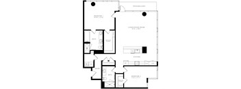 floor plan with 2 bedroom, 2 bathroom, kitchen, and living/dining room.