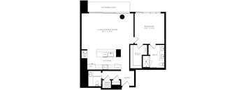 a floor plan of a living room with a bedroom and a kitchen