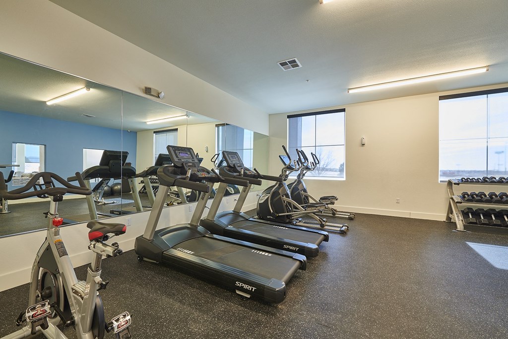 Fitness center cardio equipment with stationary bike, two treadmills and two ellipticals Fitness center cardio equipment with stationary bike, two treadmills and two ellipticals at Alpine Vista, Colorado Springs