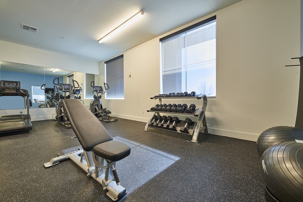 Free weights and bench in fitness center  at Alpine Vista, Colorado Springs