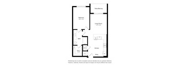 A floor plan of a home with a bedroom, bathroom, living room, kitchen, and entry.