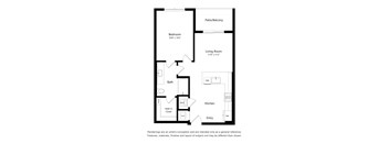 A floor plan of a small apartment with a bedroom, living room, kitchen, and bathroom.