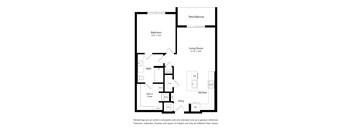 A floor plan of a house with a bedroom, bathroom, living room, kitchen, and entry.