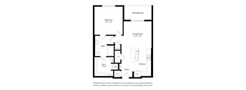A floor plan of a small apartment with a bedroom, living room, kitchen, and bathroom.