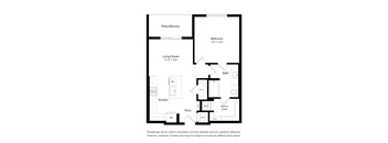 A floor plan of a house with a living room, kitchen, bathroom, bedroom and a patio/balcony.
