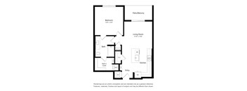 A floor plan of a house with a bedroom, living room, kitchen, bathroom, and patios.