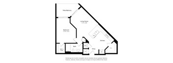 A drawing of a house layout with a living room, kitchen, bath, and bedroom.