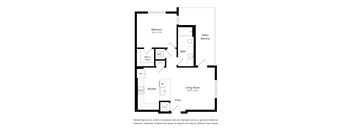 A floor plan of a small apartment with a living room, kitchen, bathroom, and bedroom.